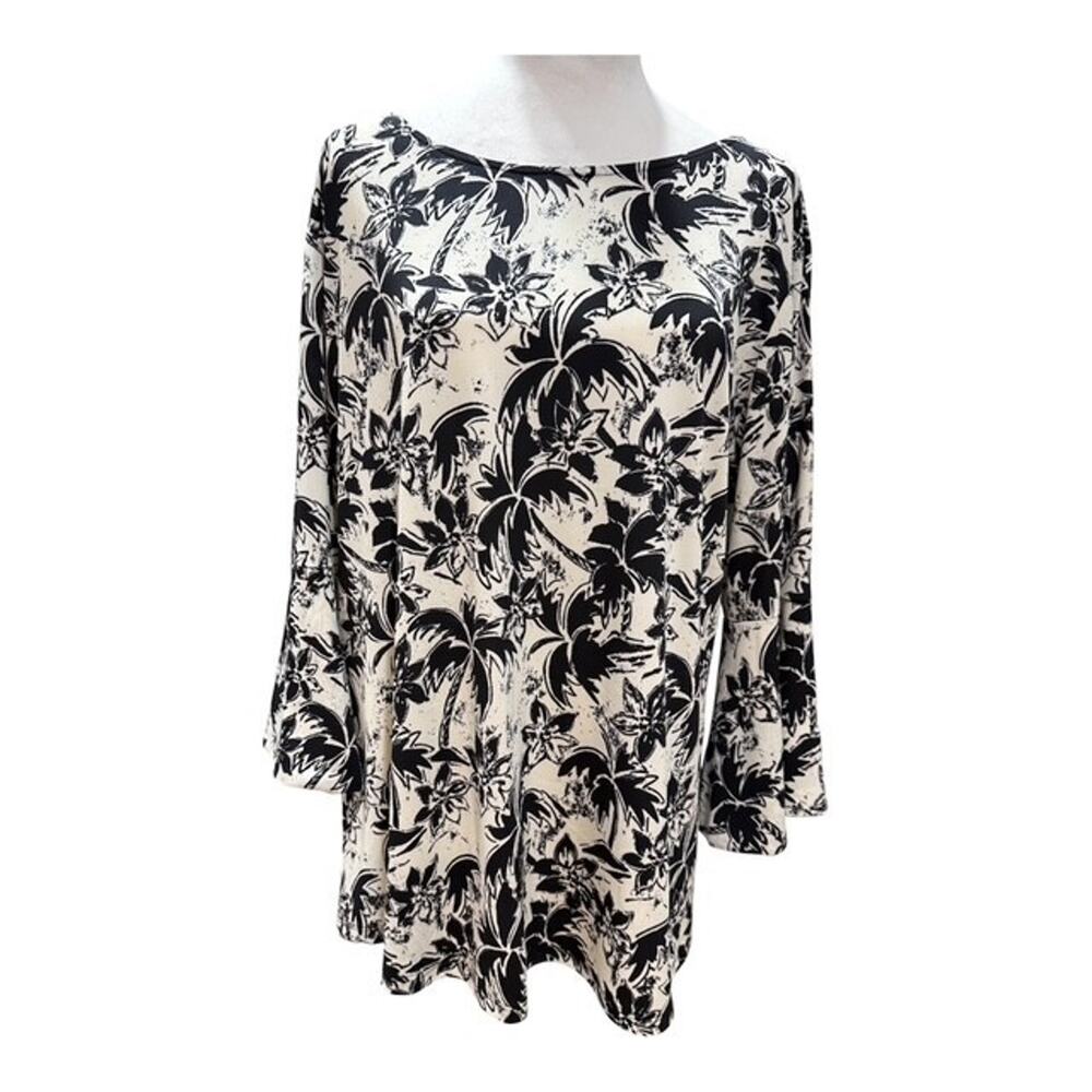 Iolani Women's Tropical/Floral Bell Sleeve Boat Neck Blouse-Size XL